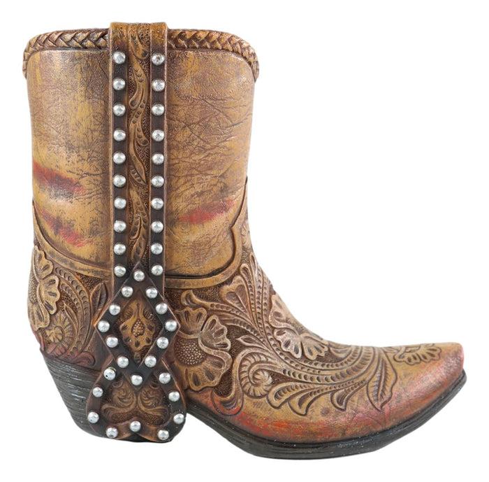 Rustic Western Brown Nailheads Floral Paisley Scroll Cowboy Boot Vase Figurine