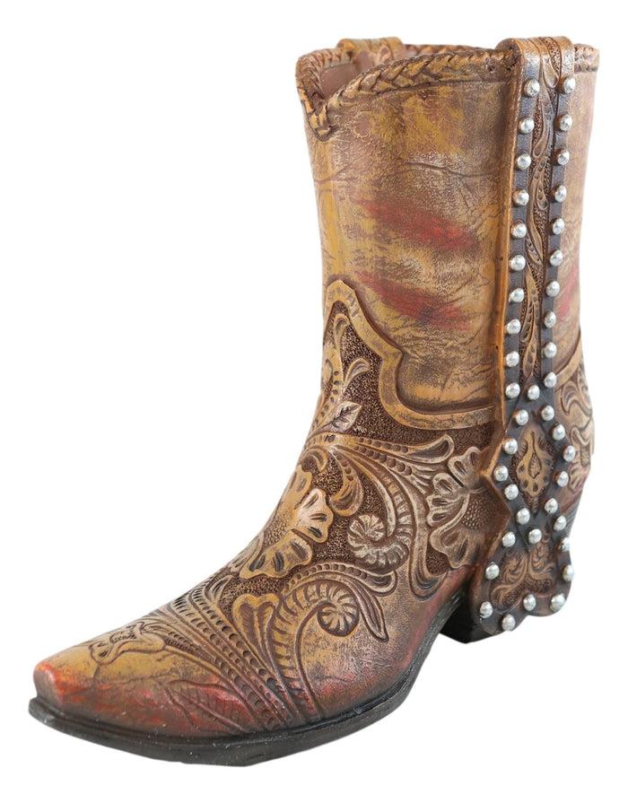 Rustic Western Brown Nailheads Floral Paisley Scroll Cowboy Boot Vase Figurine