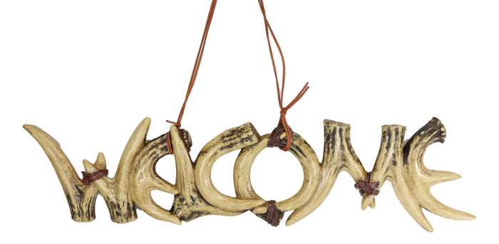 Rustic Western Buck Stag Deer Antlers Bone Rack Welcome Sign Wall Plaque Decor