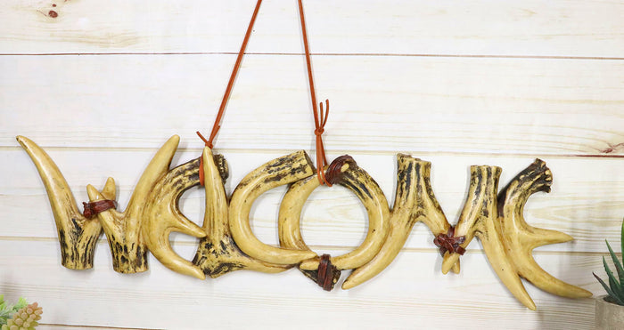 Rustic Western Buck Stag Deer Antlers Bone Rack Welcome Sign Wall Plaque Decor