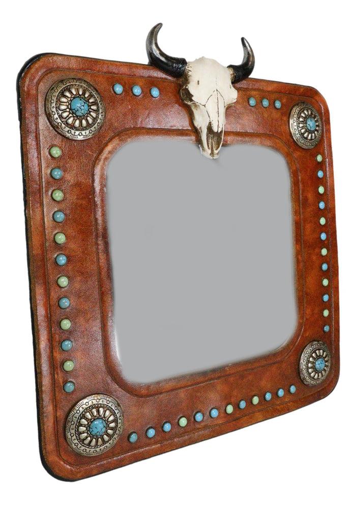 Rustic Western Bull Cow Skull And Turquoise Silver Conchos Faux Leather Mirror