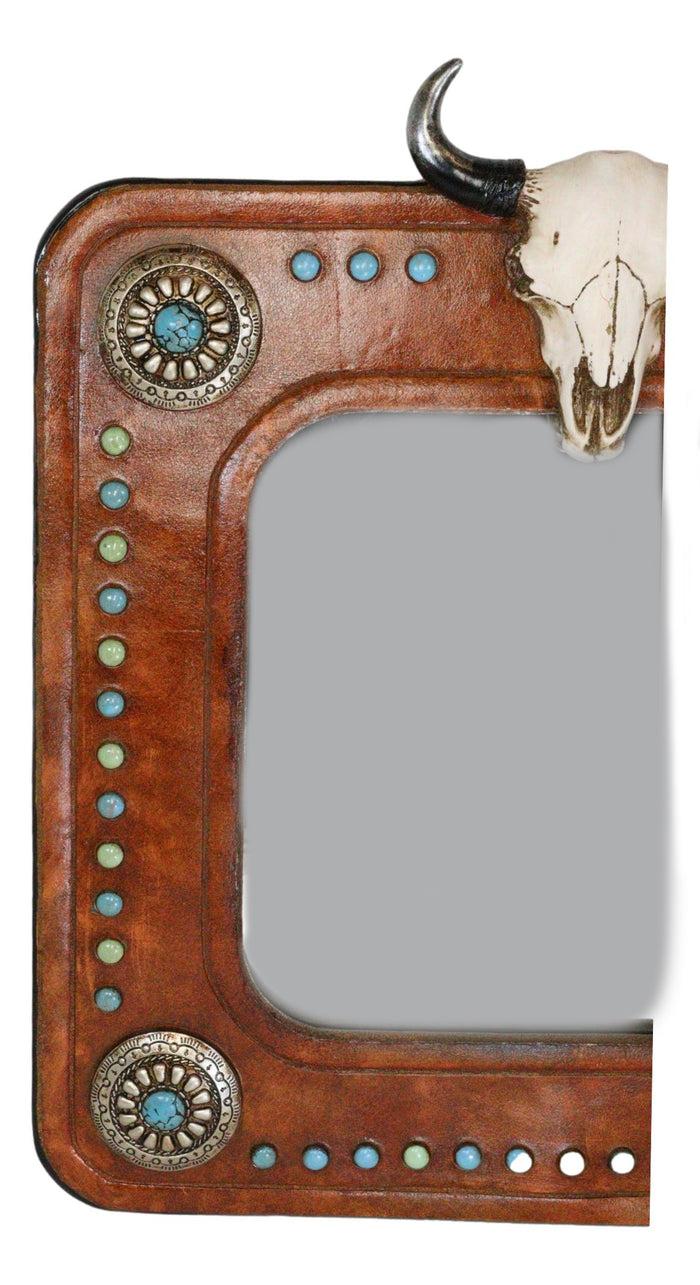 Rustic Western Bull Cow Skull And Turquoise Silver Conchos Faux Leather Mirror