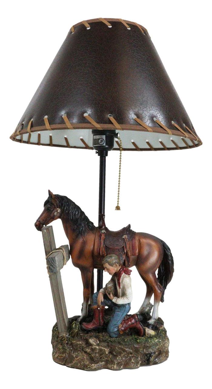 Rustic Western Chestnut Horse Cowboy On Knee Praying By Cross Desktop Table Lamp