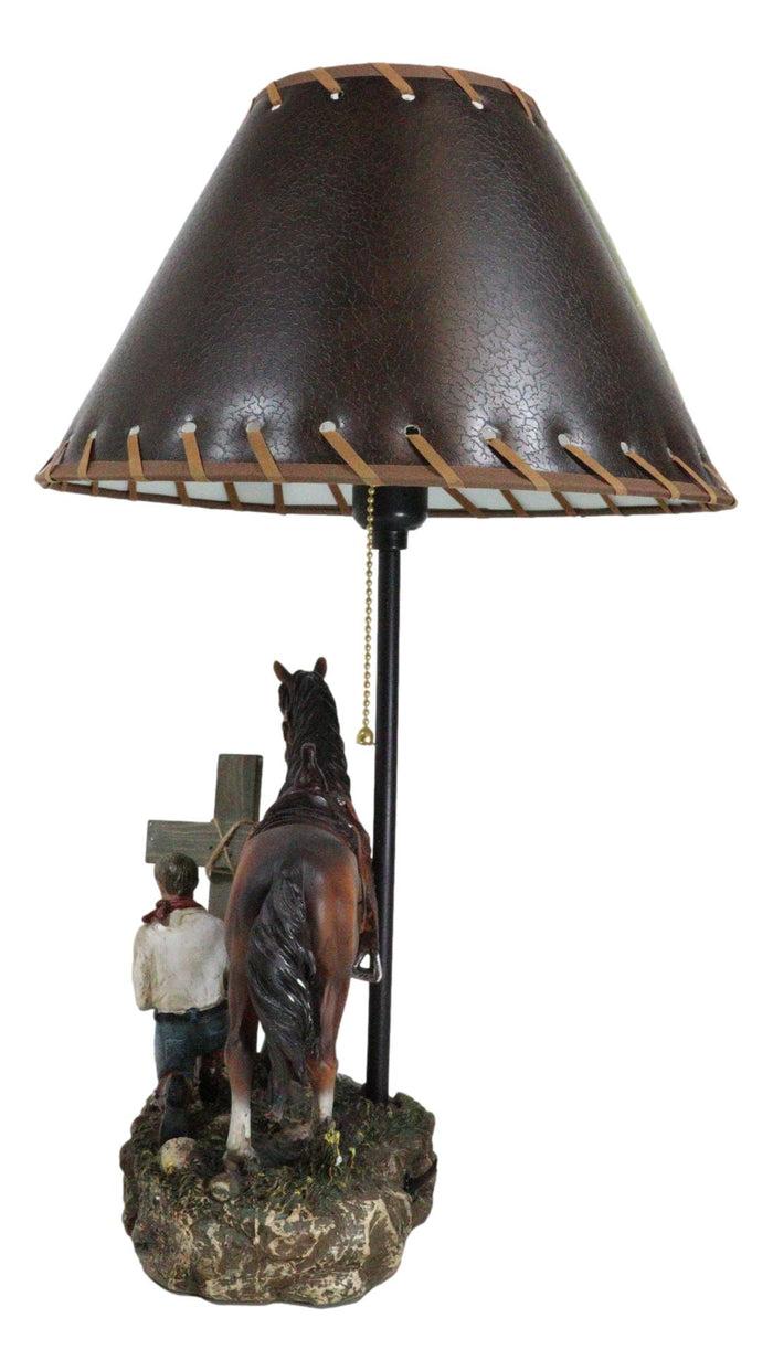 Rustic Western Chestnut Horse Cowboy On Knee Praying By Cross Desktop Table Lamp