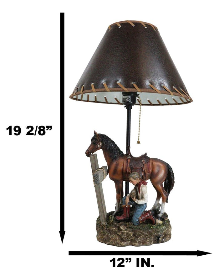 Rustic Western Chestnut Horse Cowboy On Knee Praying By Cross Desktop Table Lamp