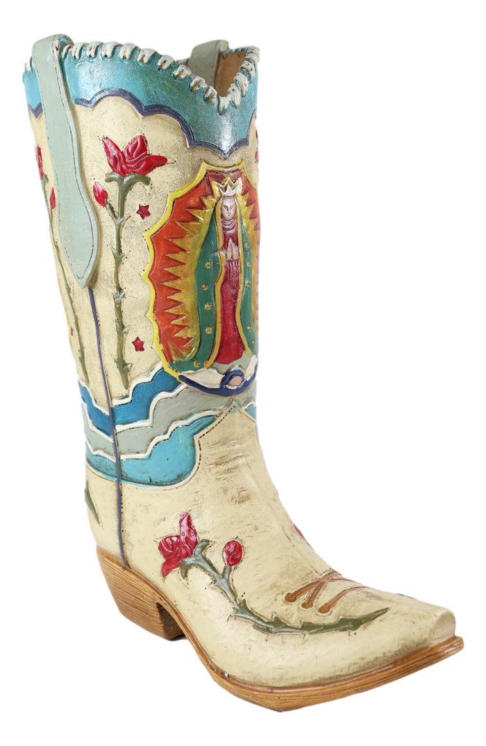 Rustic Western Colorful Our Lady Madonna Guadalupe Cowboy Boot Vase Figurine