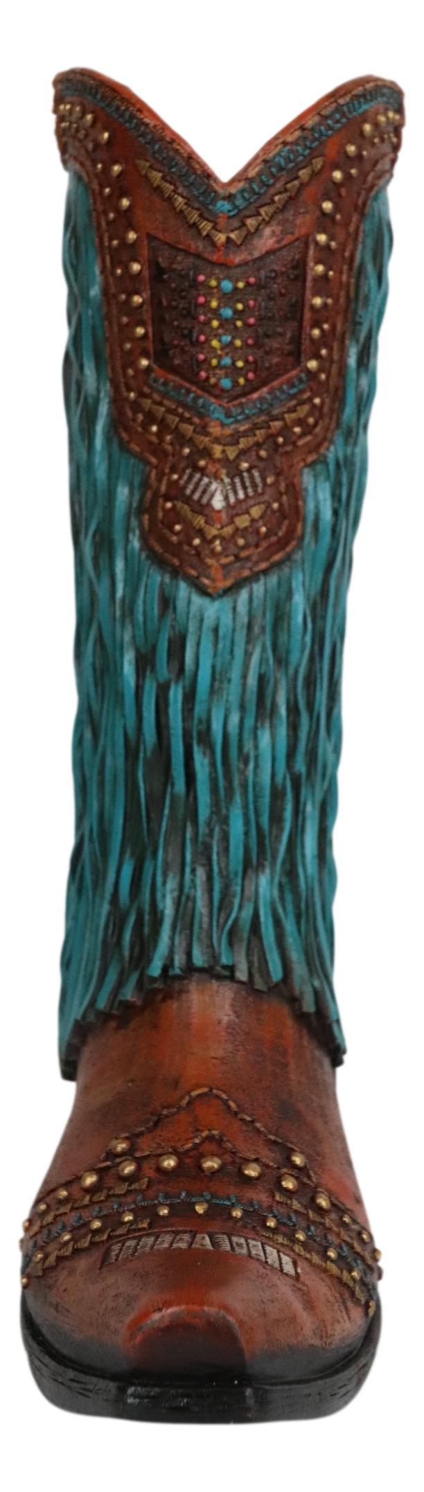 Rustic Western Country Faux Leather Cowgirl Boot Vase W/ Turquoise Frill Fringe