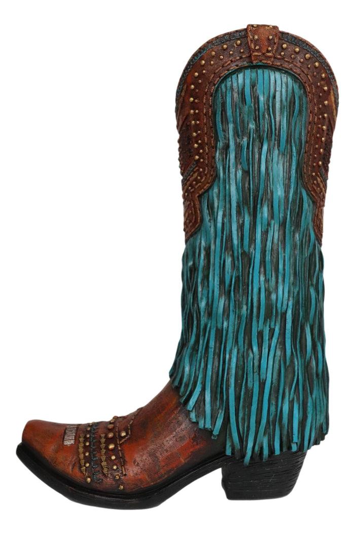 Rustic Western Country Faux Leather Cowgirl Boot Vase W/ Turquoise Frill Fringe