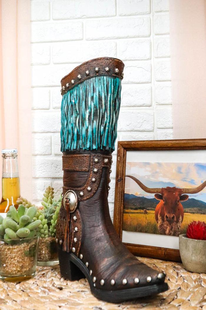 Rustic Western Country Turquoise Frills Faux Tooled Leather Cowgirl Boot Vase