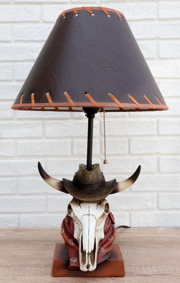 Rustic Western Cow Skull With Cowboy Hat And Red Scarf Table Lamp With Shade Rustic Western Cow Skull With Cowboy Hat And Red Scarf Table Lamp With Shade