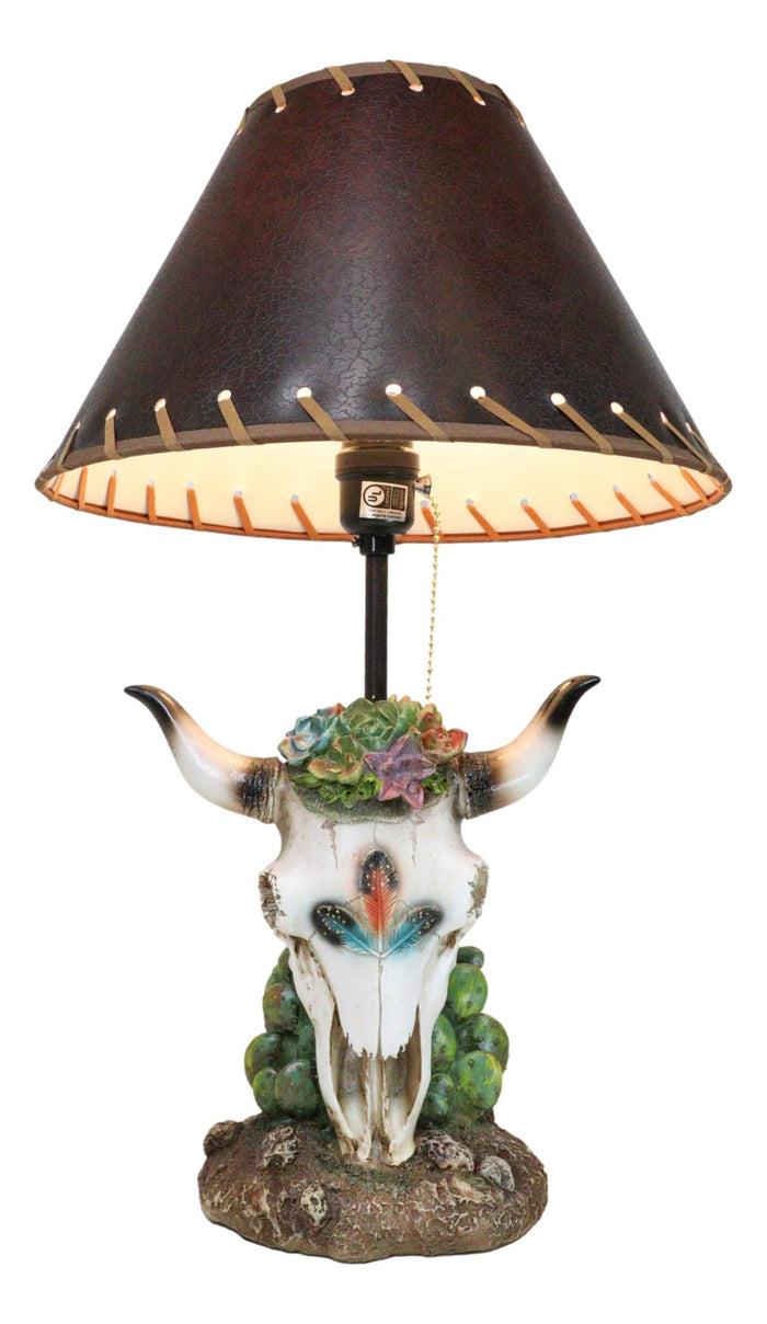 Rustic Western Cow Skull With Floral Succulents Feathers And Cactus Table Lamp