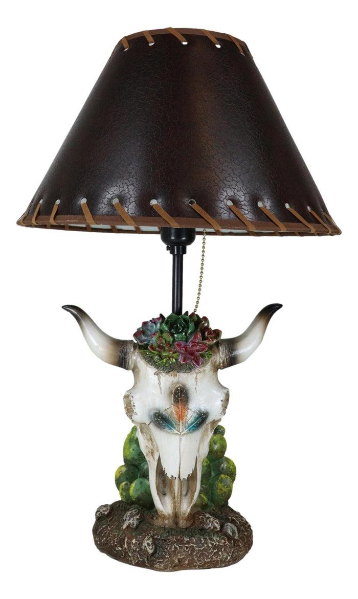 Rustic Western Cow Skull With Floral Succulents Feathers And Cactus Table Lamp