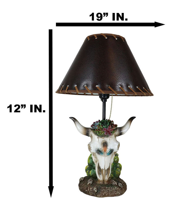 Rustic Western Cow Skull With Floral Succulents Feathers And Cactus Table Lamp