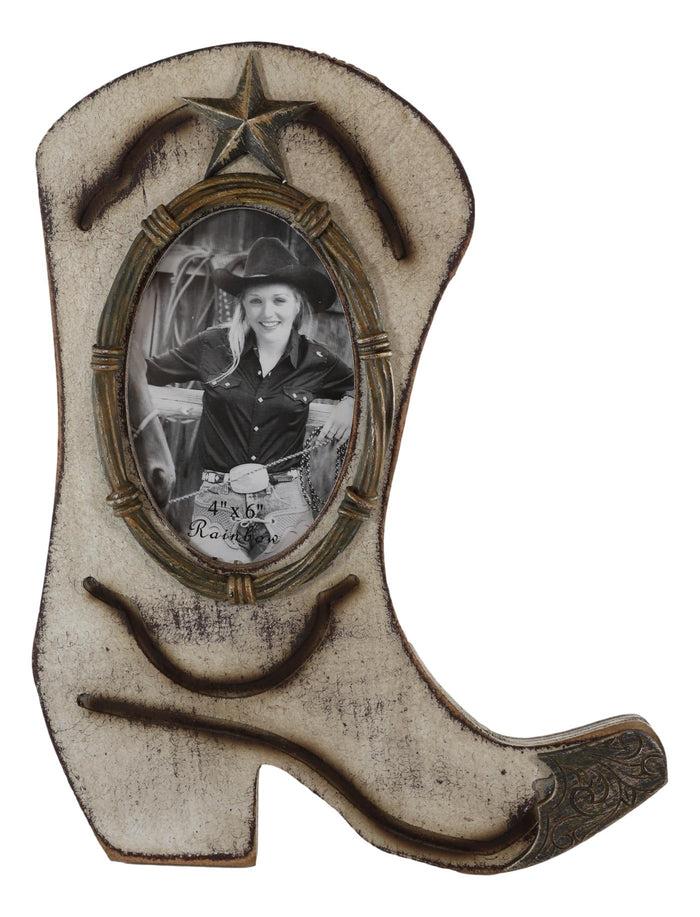 Rustic Western Cowboy Boot Barbed Wire And Lone Star 6"X4" Wooden Picture Frame