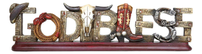 Rustic Western Cowboy Boot Hat Cow Skull Ropes God Bless Sign Desktop Plaque