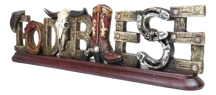 Rustic Western Cowboy Boot Hat Cow Skull Ropes God Bless Sign Desktop Plaque