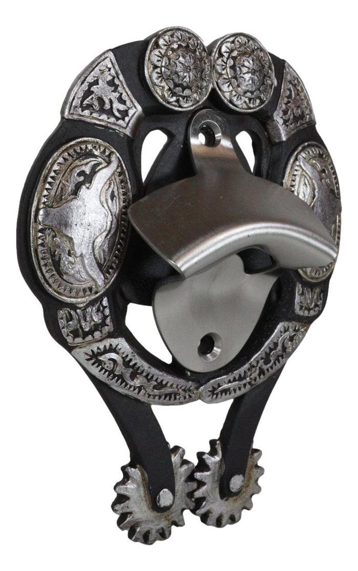 Rustic Western Cowboy Boot Spur With Silver Longhorn Conchos Wall Bottle Opener