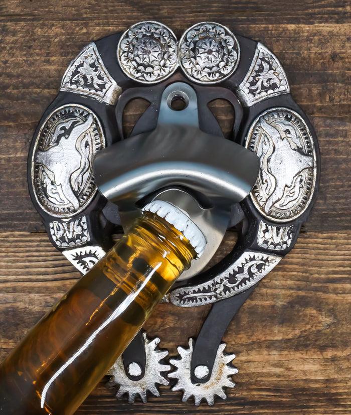 Rustic Western Cowboy Boot Spur With Silver Longhorn Conchos Wall Bottle Opener