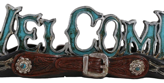 Rustic Western Cowboy Boot Spurs Buckle Turquoise Welcome Sign Desktop Figurine
