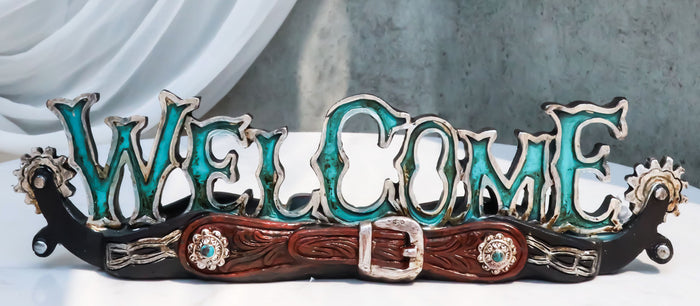 Rustic Western Cowboy Boot Spurs Buckle Turquoise Welcome Sign Desktop Figurine