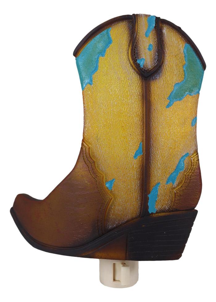 Rustic Western Cowboy Boot Turquoise Cowskin Design Wall Plug In LED Night Light