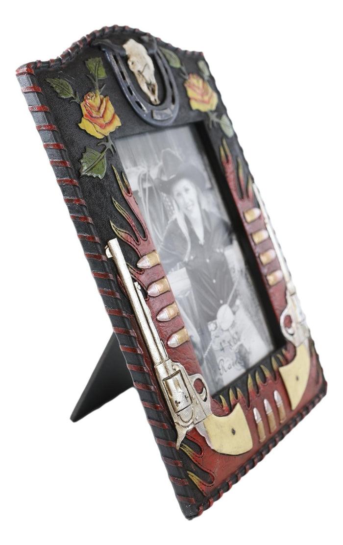 Rustic Western Cowboy Dual Gun Revolvers Horseshoe Cow Skull Photo Frame 4"X6"