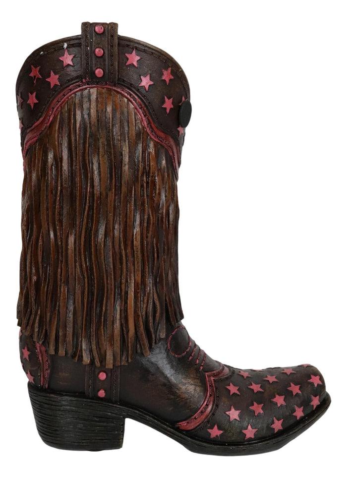 Rustic Western Cowboy Frill Fringe With Pink Stars Faux Leather Boot Vase Decor