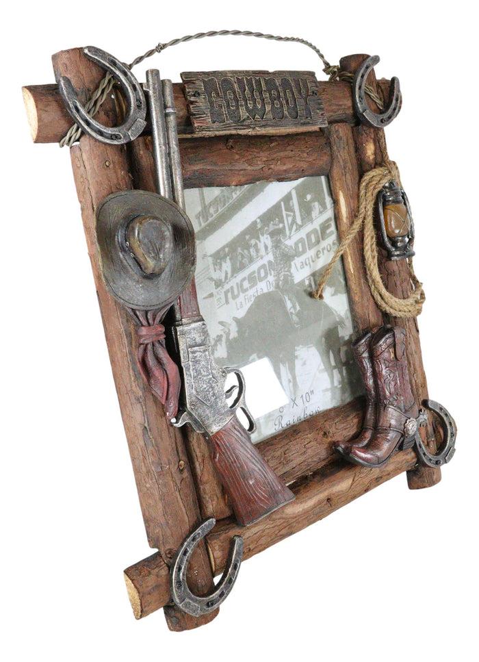 Rustic Western Cowboy Hat Rifle Boot Spur Horseshoes Lasso Ropes Picture Frame
