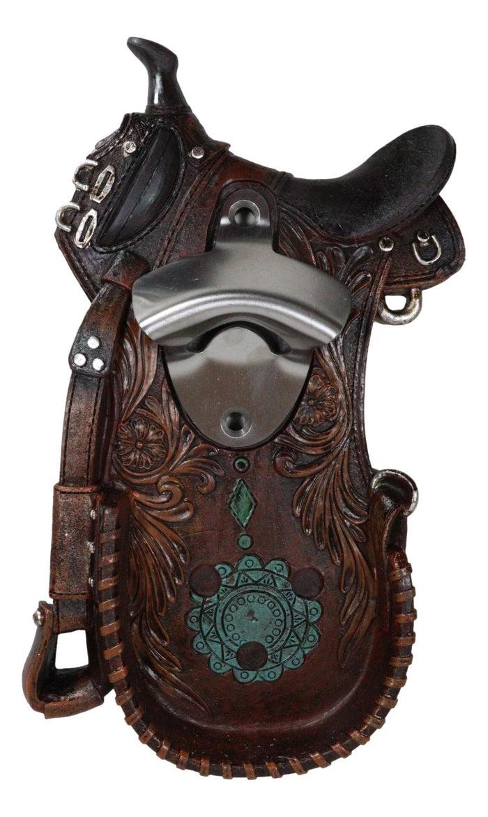 Rustic Western Cowboy Horse Saddle Tooled Floral Faux Leather Wall Bottle Opener