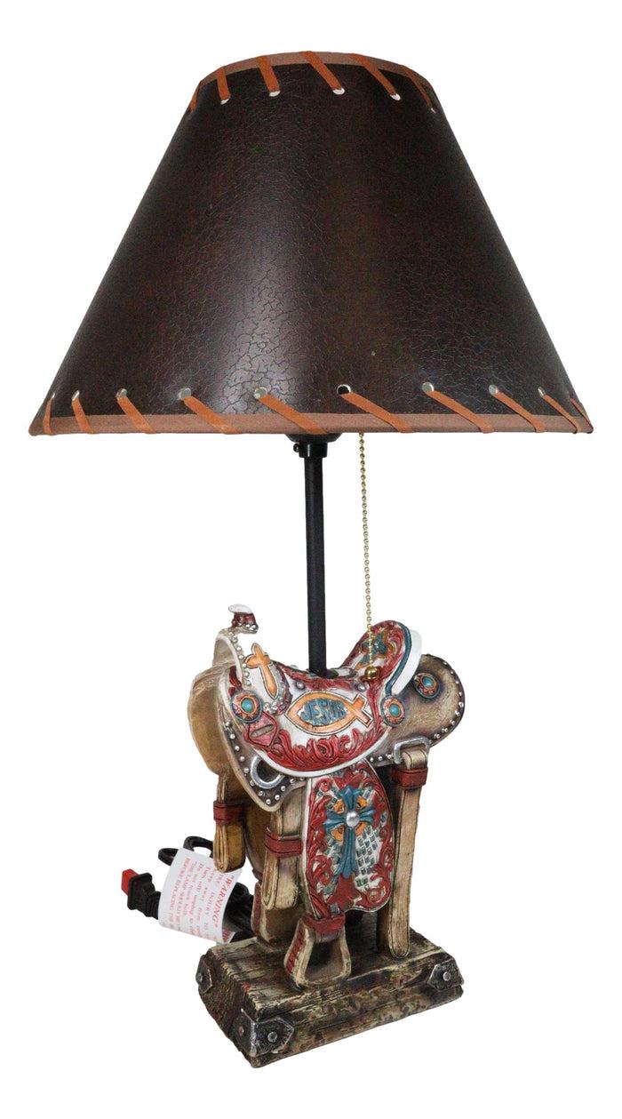 Rustic Western Cowboy Horse Saddle With Ichthys Jesus Fish Symbol Table Lamp