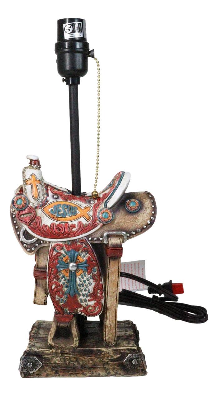 Rustic Western Cowboy Horse Saddle With Ichthys Jesus Fish Symbol Table Lamp