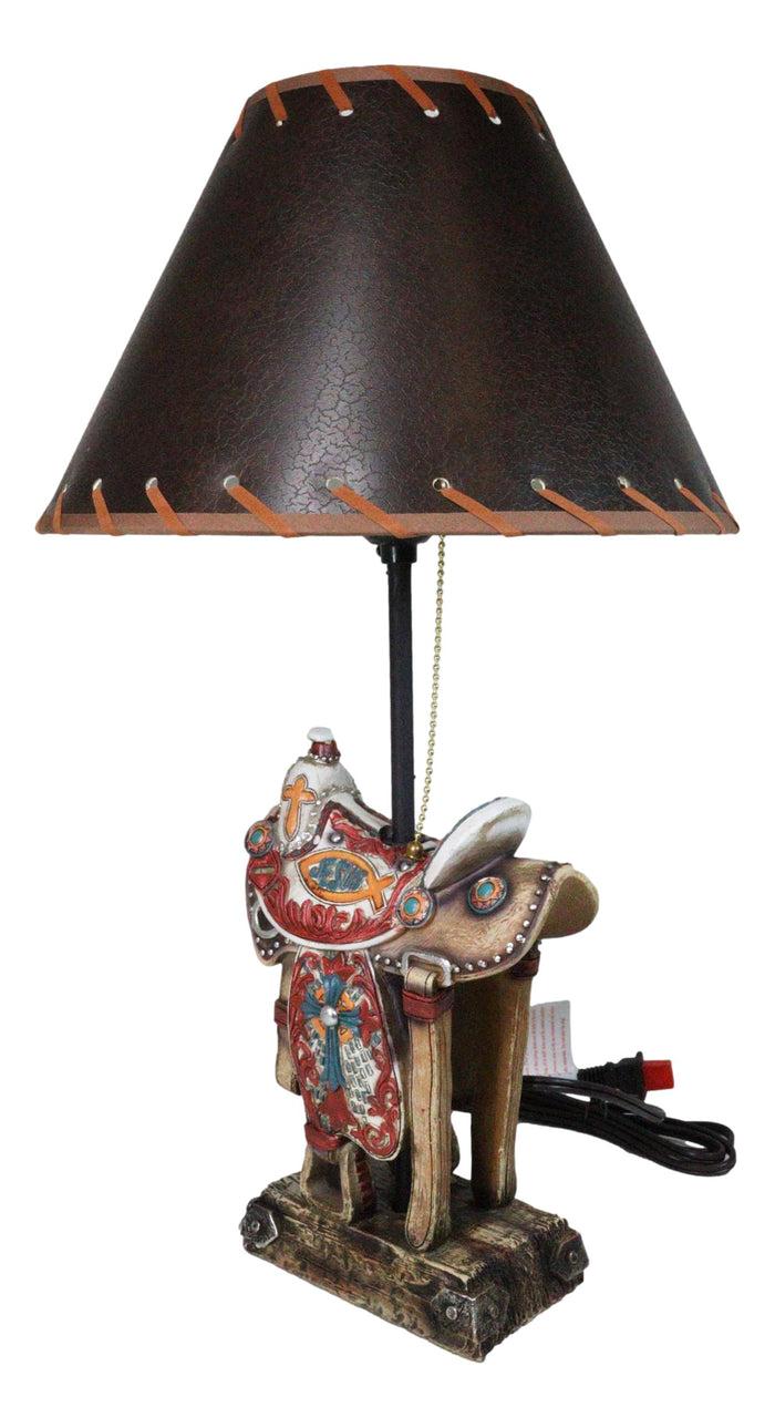 Rustic Western Cowboy Horse Saddle With Ichthys Jesus Fish Symbol Table Lamp