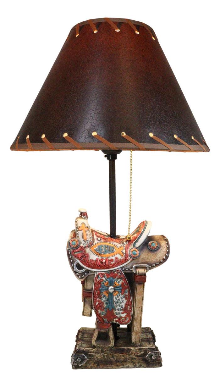 Rustic Western Cowboy Horse Saddle with Ichthys Jesus Fish Symbol Table Lamp Rustic Western Cowboy Horse Saddle with Ichthys Jesus Fish Symbol Table Lamp