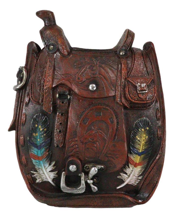 Rustic Western Cowboy Horse Saddle With Indian Feathers Flower Vase Or Planter