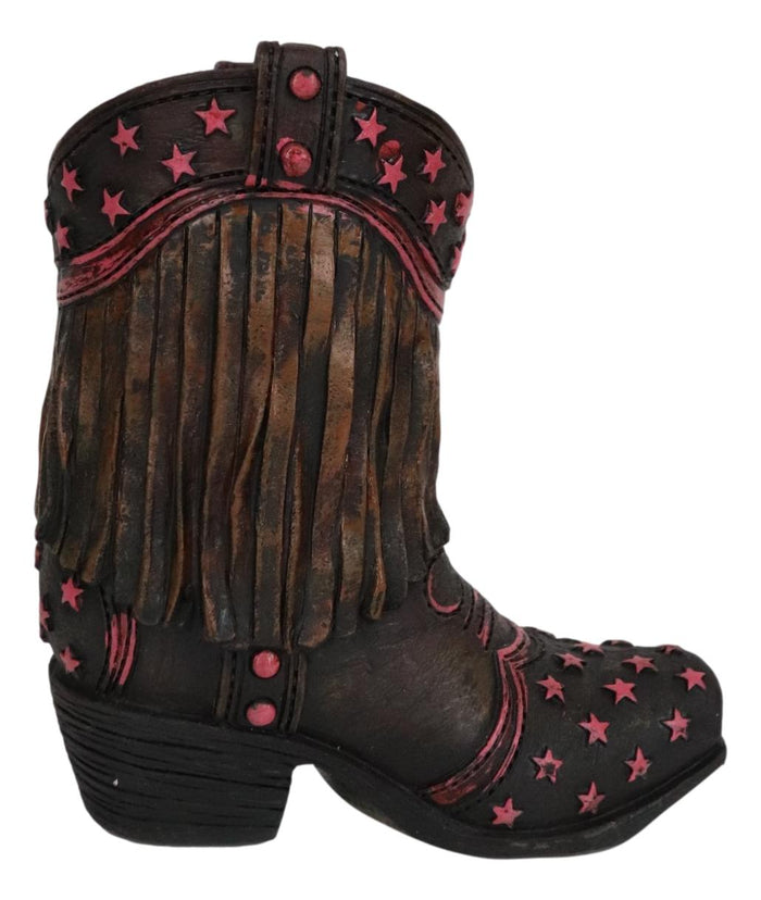 Rustic Western Cowboy Pink Stars Fringe Brown Faux Leather Boot Pen Holder Decor