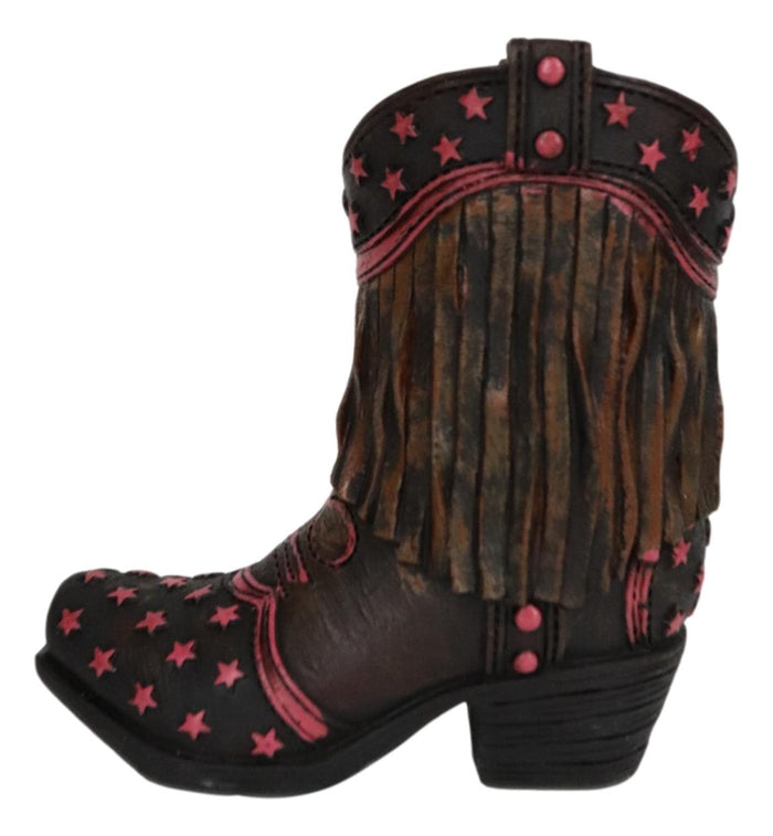 Rustic Western Cowboy Pink Stars Fringe Brown Faux Leather Boot Pen Holder Decor