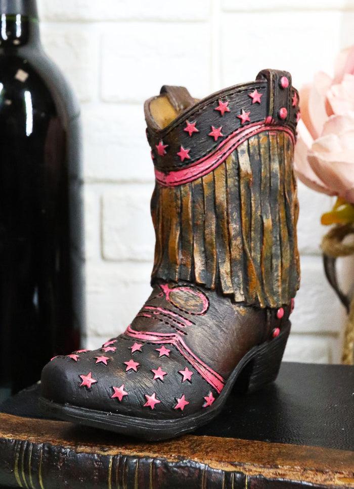 Rustic Western Cowboy Pink Stars Fringe Brown Faux Leather Boot Pen Holder Decor