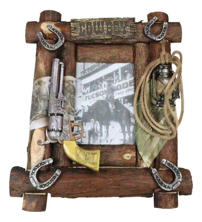 Rustic Western Cowboy Pistol Lantern Horseshoes Ropes Faux Wood Photo Frame 5X7
