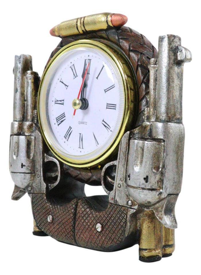 Rustic Western Cowboy Pistol Revolver Guns And Bullets Analog Table Clock Decor