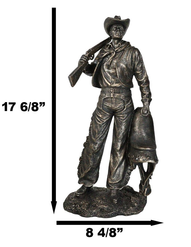 Rustic Western Cowboy Ranger With Hat Carrying Rifle And Horse Saddle Figurine