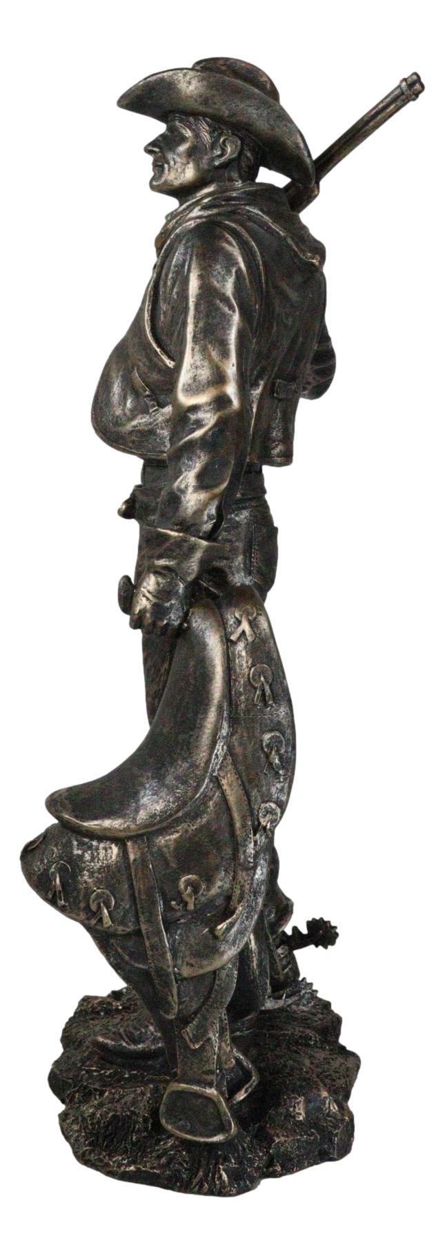 Rustic Western Cowboy Ranger With Hat Carrying Rifle And Horse Saddle Figurine