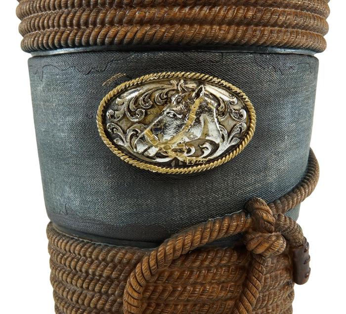 Rustic Western Cowboy Ropes Horse Concho W/ Denim Finish Waste Basket Trash Bin