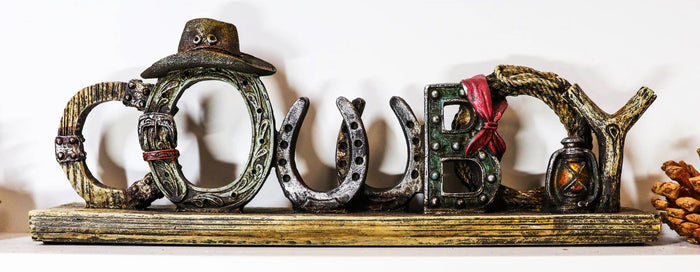 Rustic Western Cowboy Sign Ropes Hat Horseshoes Faux Barnwood Desktop Plaque