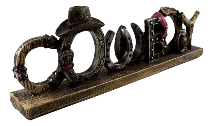 Rustic Western Cowboy Sign Ropes Hat Horseshoes Faux Barnwood Desktop Plaque