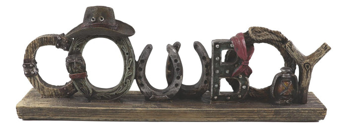 Rustic Western Cowboy Sign Ropes Hat Horseshoes Faux Barnwood Desktop Plaque