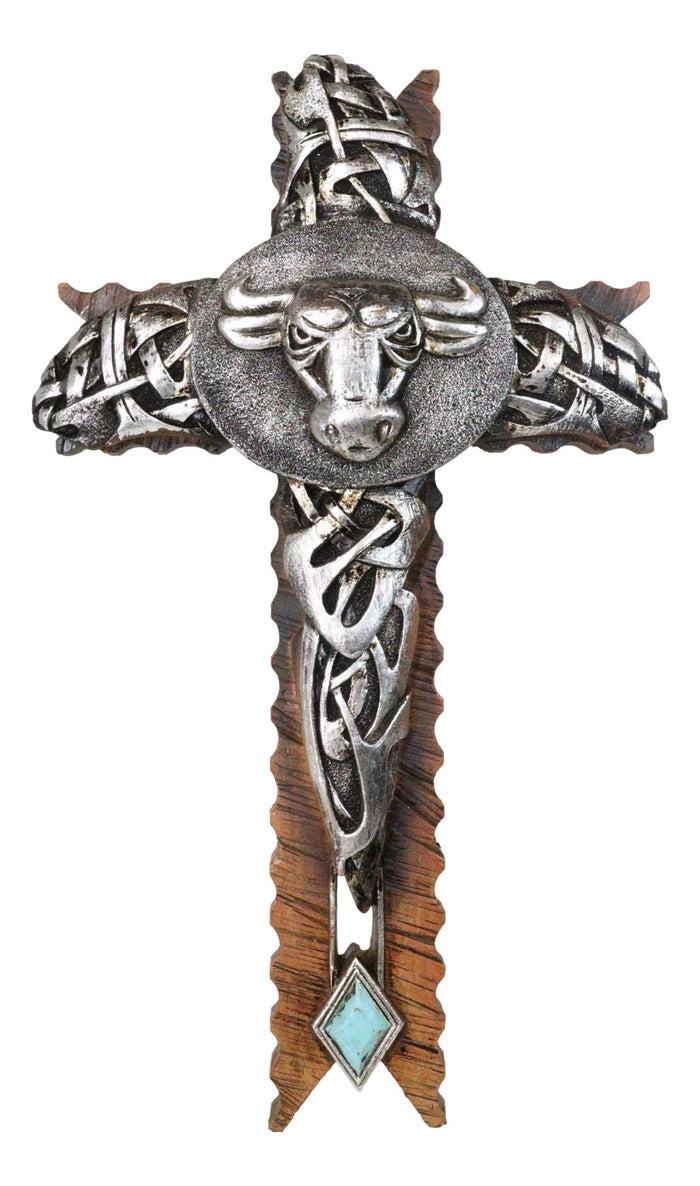 Rustic Western Cowboy Silver Concho Bull Cow With Tooled Knotwork Wall Cross Rustic Western Cowboy Silver Concho Bull Cow With Tooled Knotwork Wall Cross