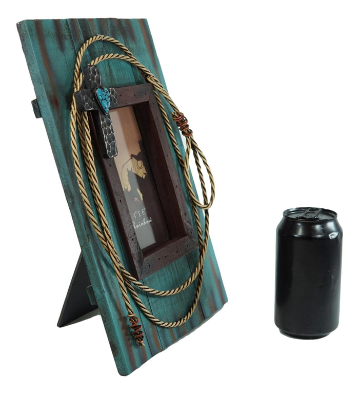 Rustic Western Cowboy Turquoise Barn Wood With Lasso Rope And Cross Photo Frame