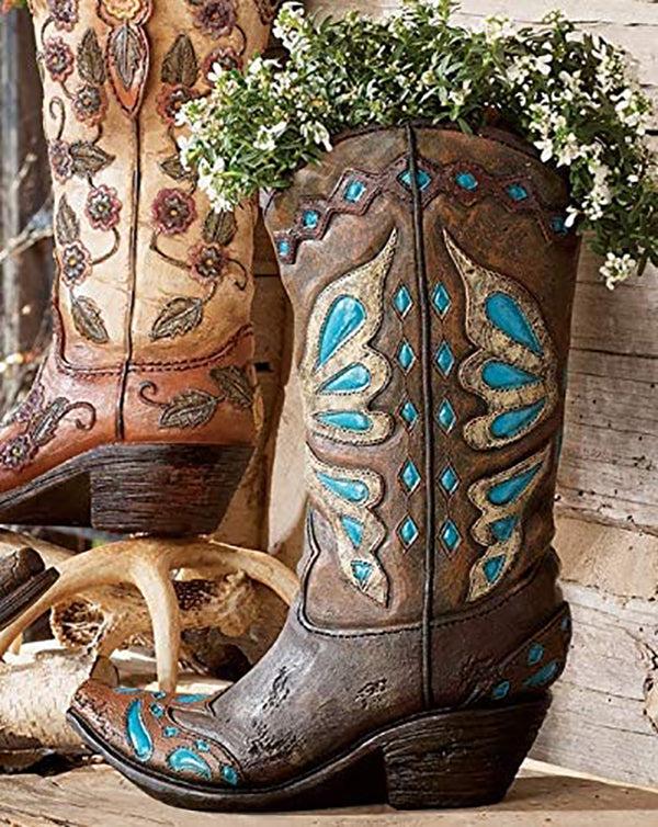 Rustic Western Cowboy Turquoise Butterfly Boot Decorative Flower Vase Or Planter
