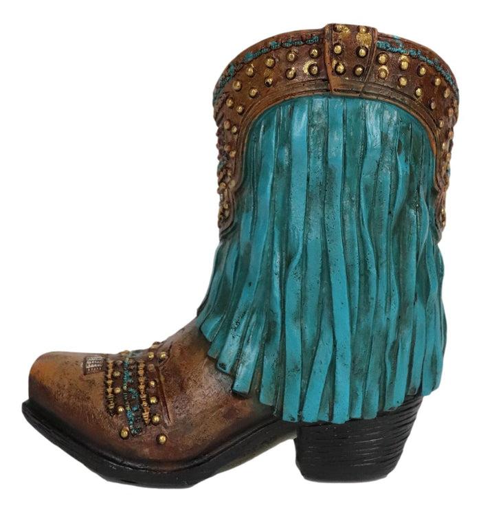 Rustic Western Cowboy Turquoise Frill Fringe Faux Leather Boot Pen Holder Decor