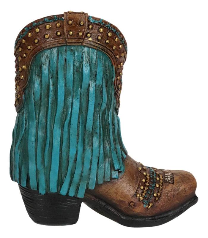 Rustic Western Cowboy Turquoise Frill Fringe Faux Leather Boot Pen Holder Decor
